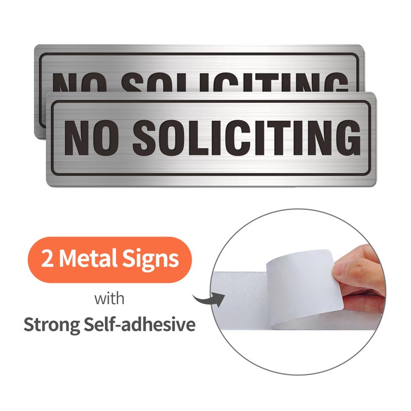 MongFun Self-Adhesive No Soliciting Sign Metal for House Business Office Doors, 2 Pack Silver Color Aluminun 7 x 2 inches, Unique Small Design Durable UV and Weather Resistant, Easy Installation - Image 2